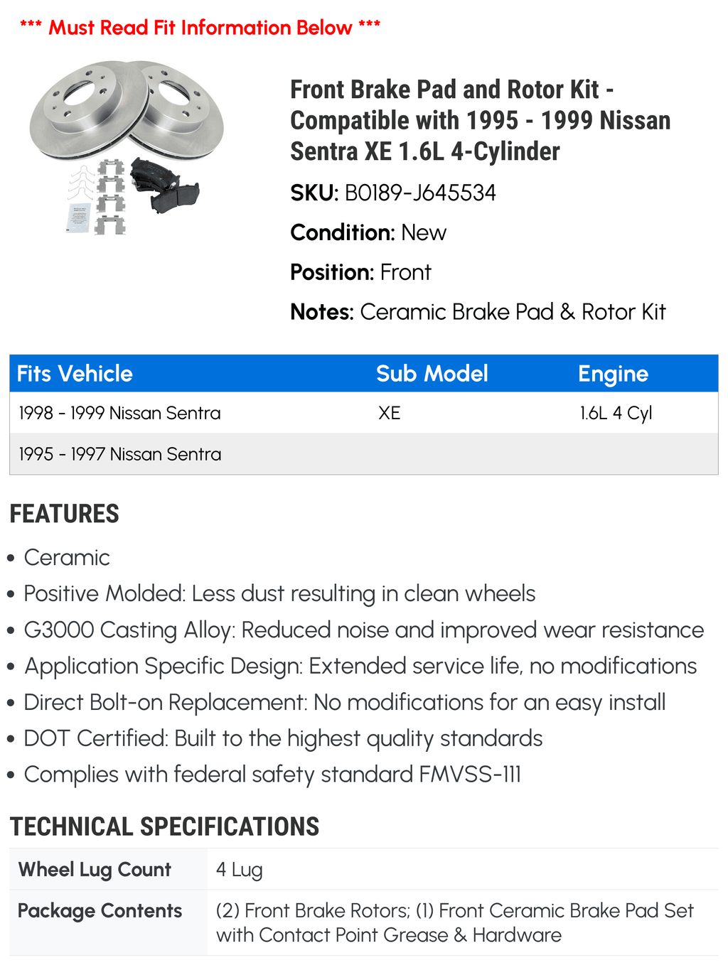 Front Brake Pad and Rotor Kit - Compatible with 1995 - 1999 Nissan Sentra  1.6L 4-Cylinder 1996 1997 1998