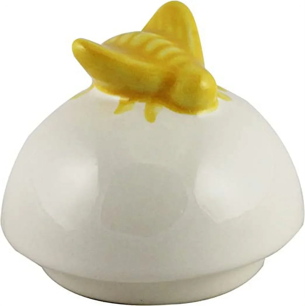 Rae Dunn Ceramic  Pot Ivory with Black  Letters Yellow Bee on Lid and Wooden Dipper Kitchen