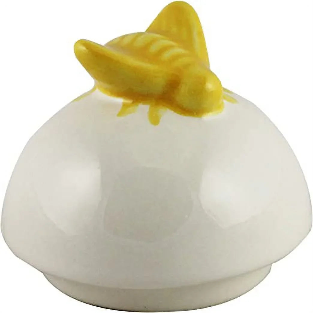 Rae Dunn Ceramic  Pot Ivory with Black  Letters Yellow Bee on Lid and Wooden Dipper Kitchen