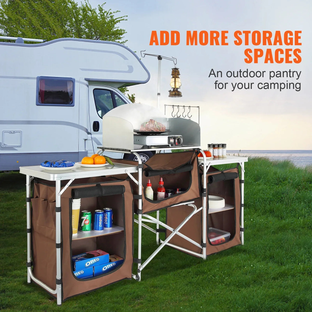 Folding Portable Cook Table 3 Cupboards Brown Camping Kitchen Table