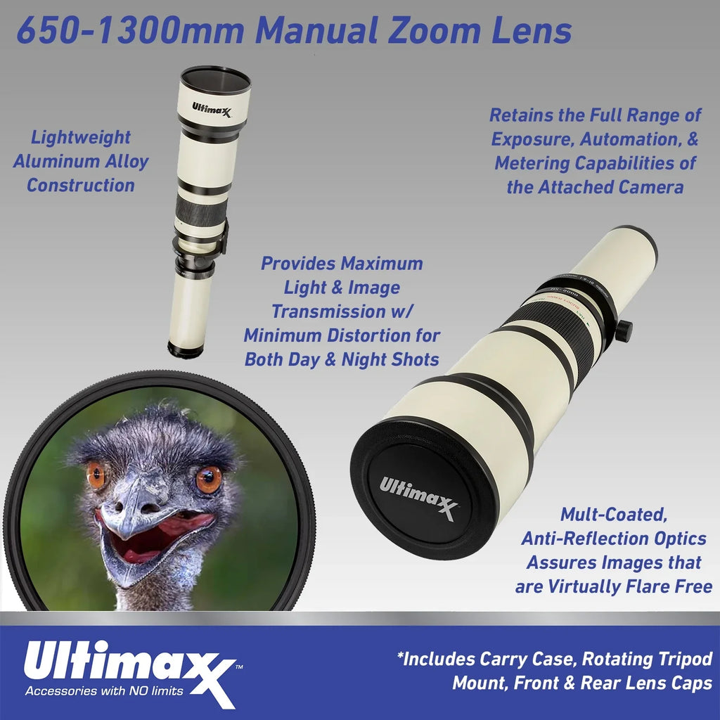 Ultimaxx 650 to 1300mm (with 2X- 1300-2600mm) f/8 Manual Telephoto Lens for Nikon -Mount Cameras & More