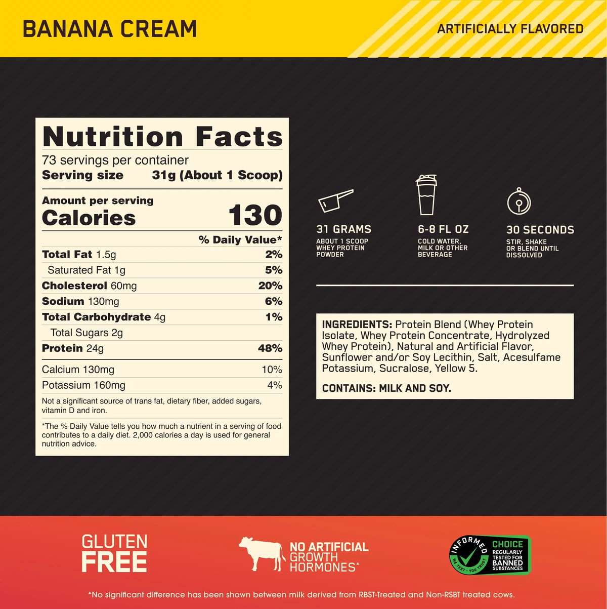 Optimum Nutrition, Gold Standard 100% Whey Protein Powder, Banana Cream, 5 lb, 73 Servings