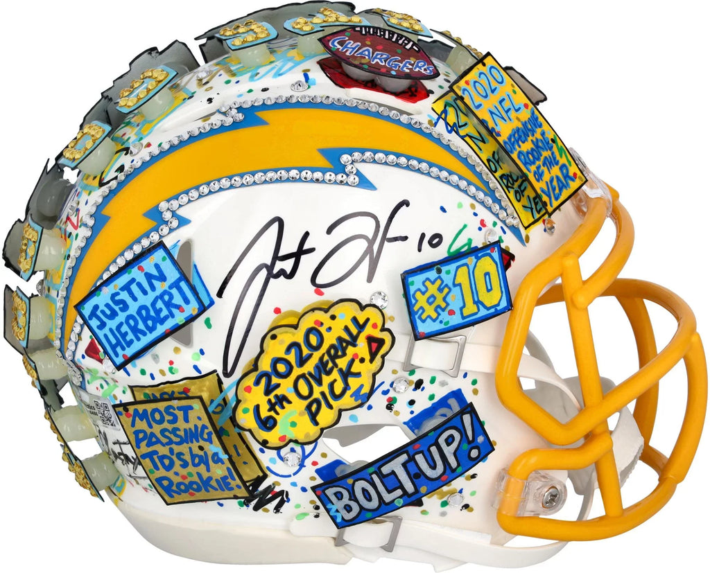 Justin Herbert Los Angeles Chargers Autographed Speed Mini Helmet - Hand Painted by Artist Charles Fazzino -  - Fanatics Authentic Certified