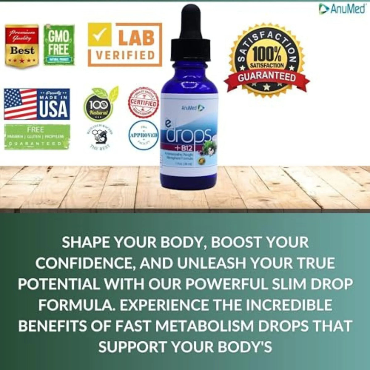Anumed e-Drops+ - Metabolism, Control Hunger, Fast Transformation Healthy Weight Management - Natural Vegan, Keto Friendly for Women & Men 1oz w/Bonus Worldwidenutrition Multi-Purpose Key Chain