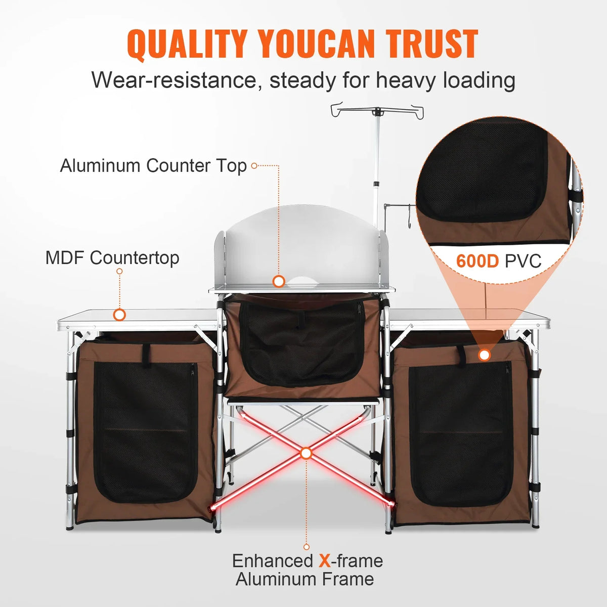 Folding Portable Cook Table 3 Cupboards Brown Camping Kitchen Table