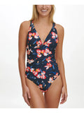 Women's Navy Floral Removable Cups Lined Deep  Neck Strappy One Piece Swimsuit 16