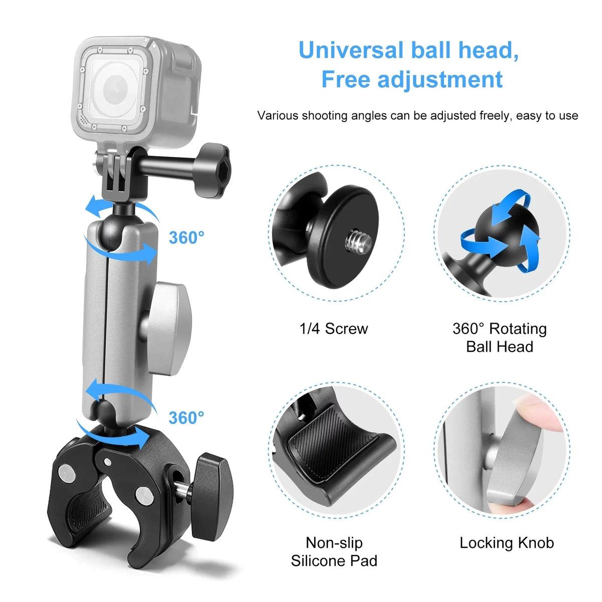 Clamp Mount, Aluminum Alloy Handlebar Adapter, Dual Rotatable Ball Head,   Hero 11/10/9/8 Compatible